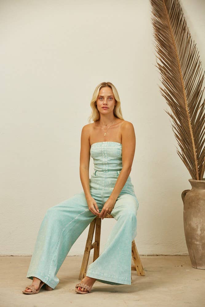 BOHO MINERAL WASH WIDE LEG DENIM JUMPSUIT