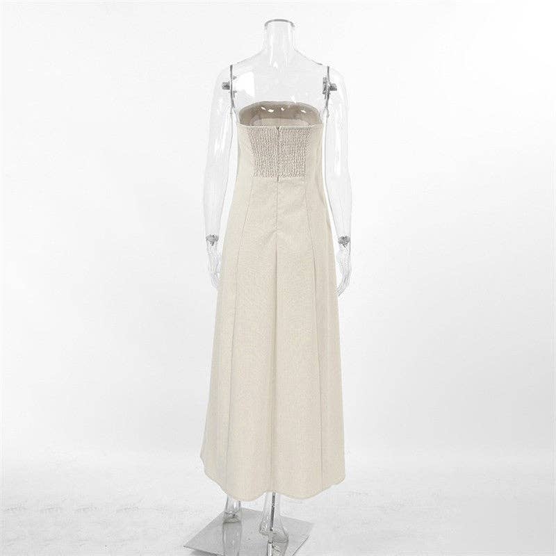 Khaki Casual Strapless Backless Maxi Dress