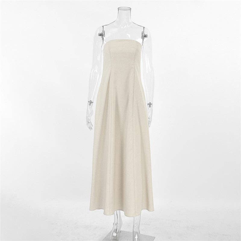 Khaki Casual Strapless Backless Maxi Dress
