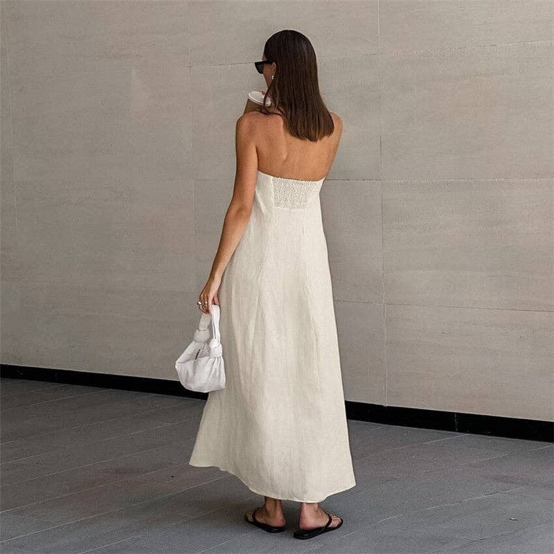 Khaki Casual Strapless Backless Maxi Dress
