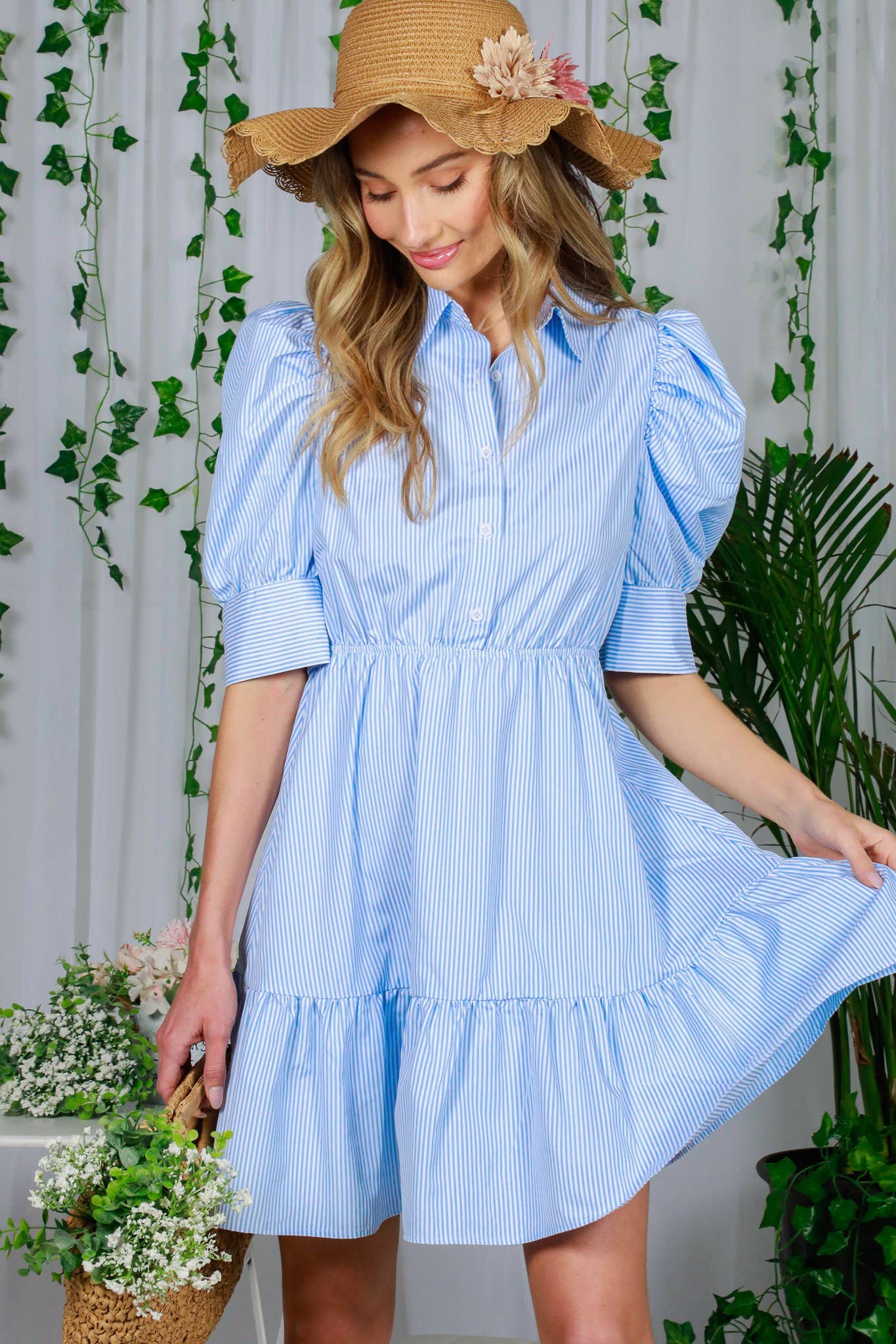 Collared Short Puff Sleeve Strip Print Mini Dress VD82293