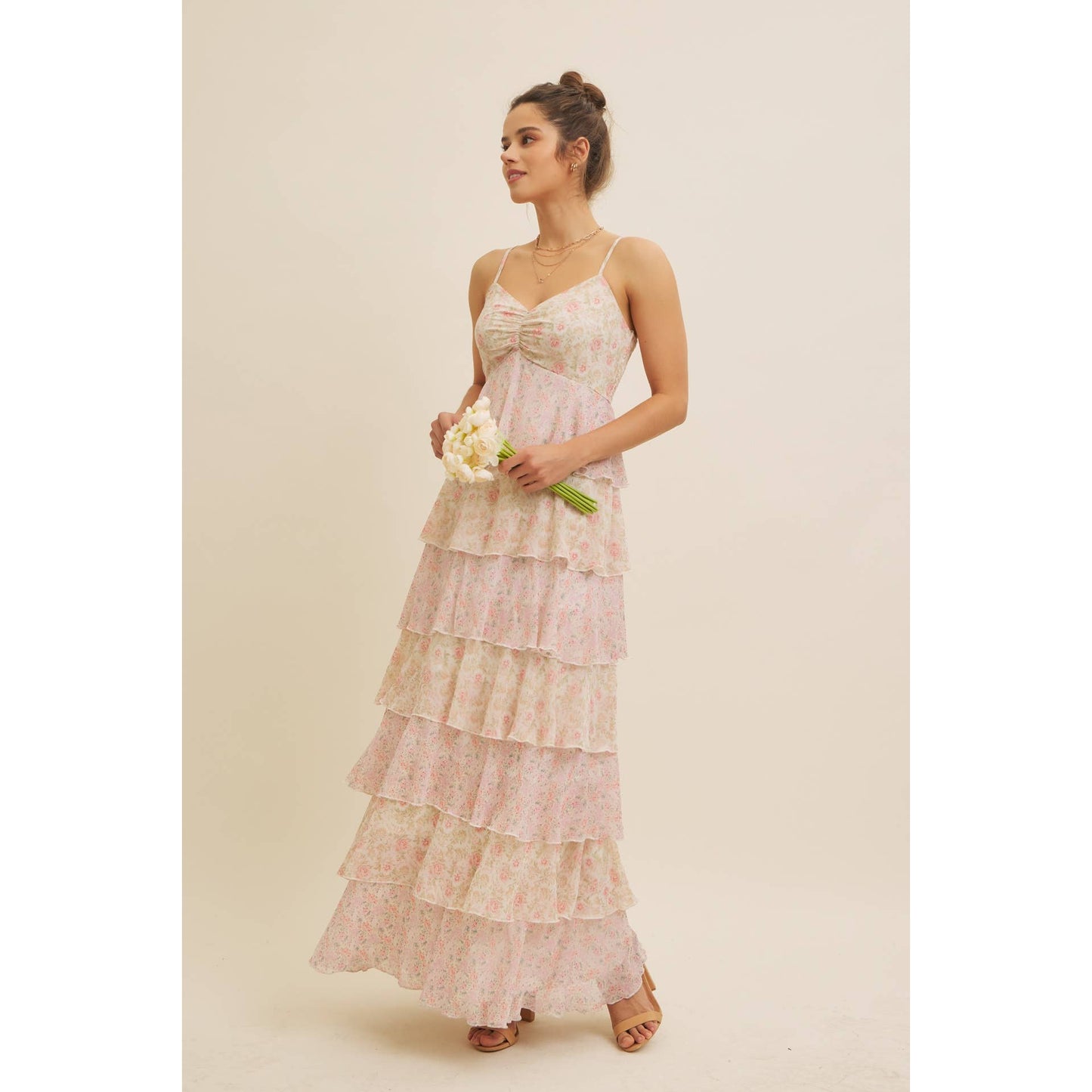 ROMANTIC FLORAL TIERED MAXI DRESS WITH RUCHED BUST