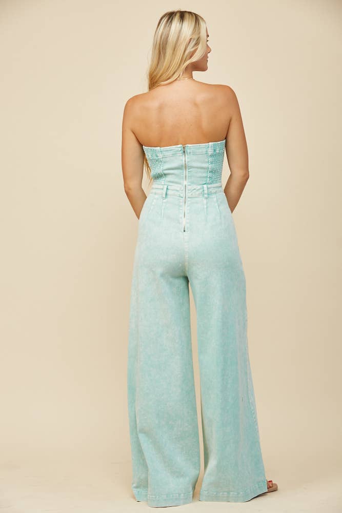 BOHO MINERAL WASH WIDE LEG DENIM JUMPSUIT