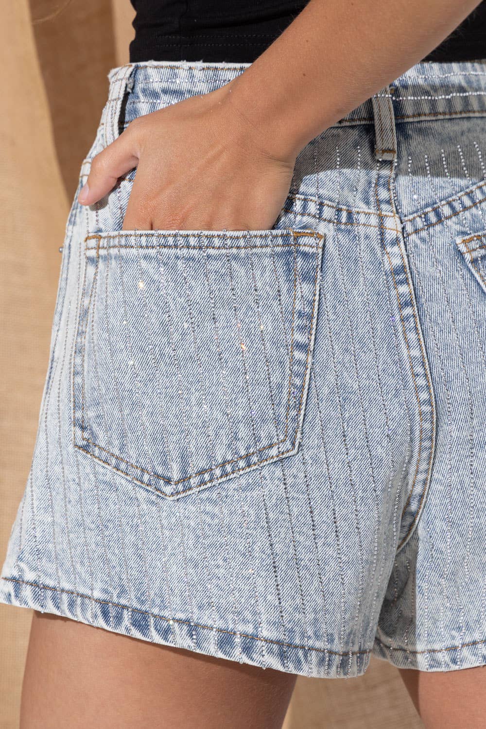 22241P - Crystal Mini Stud Washed Denim Shorts Side Slit