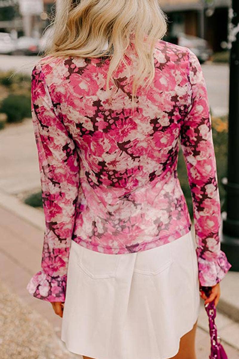 Floral Mesh Flounce Sleeve Mock Neck Blouse
