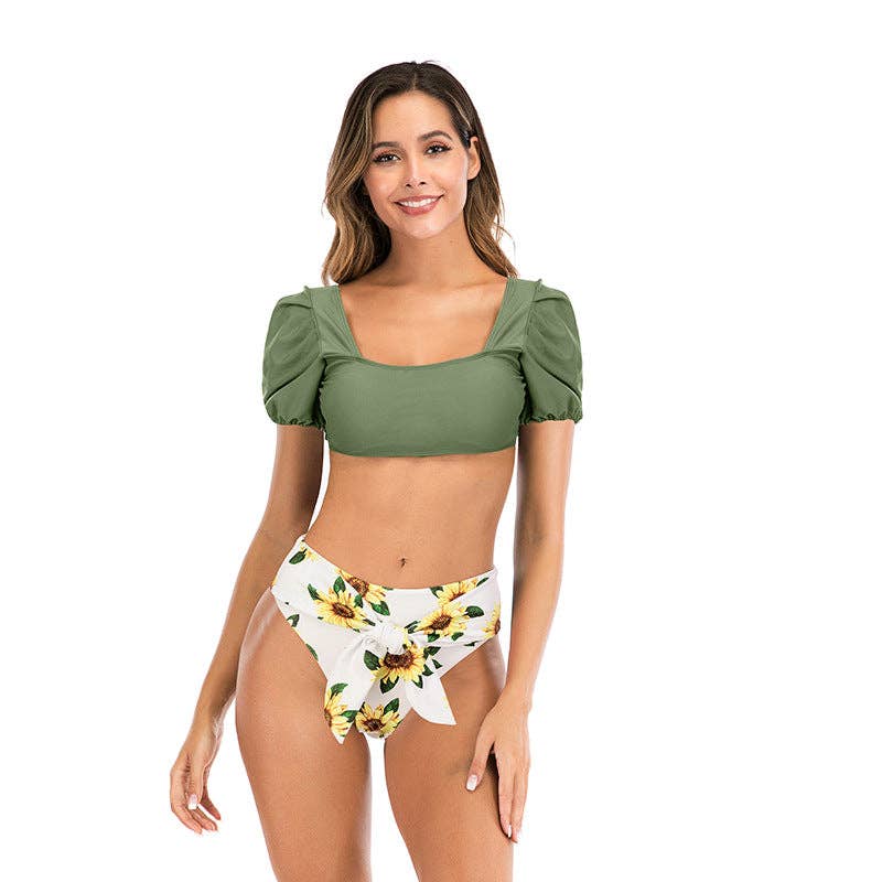 2PCS Solid Color Puff Sleeves Sexy Swimwear
