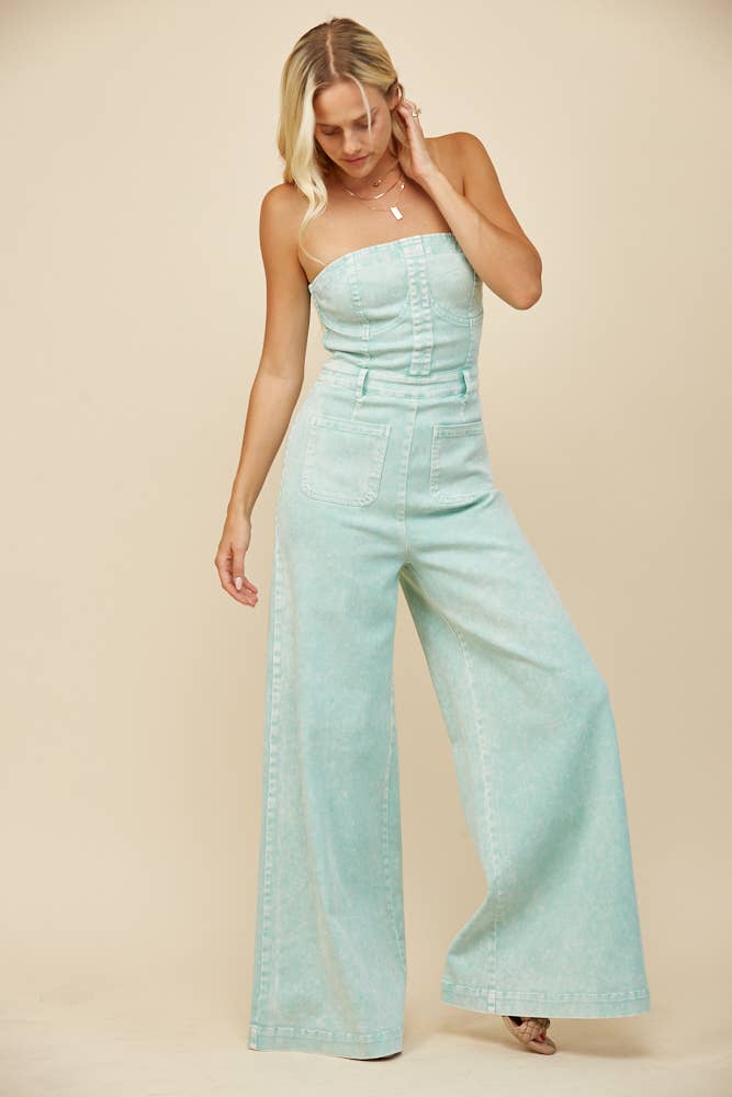 BOHO MINERAL WASH WIDE LEG DENIM JUMPSUIT