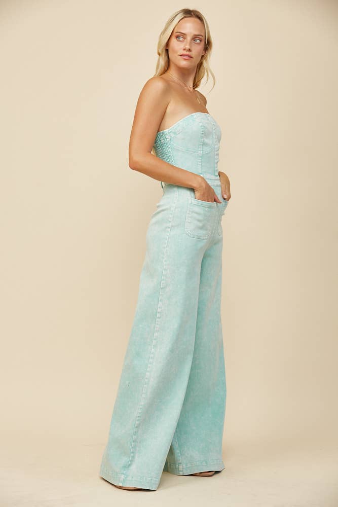 BOHO MINERAL WASH WIDE LEG DENIM JUMPSUIT
