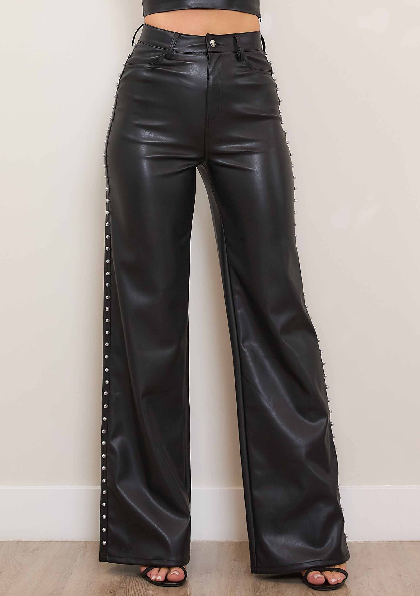 Vegan Leather Wide Leg Pants With Pearl