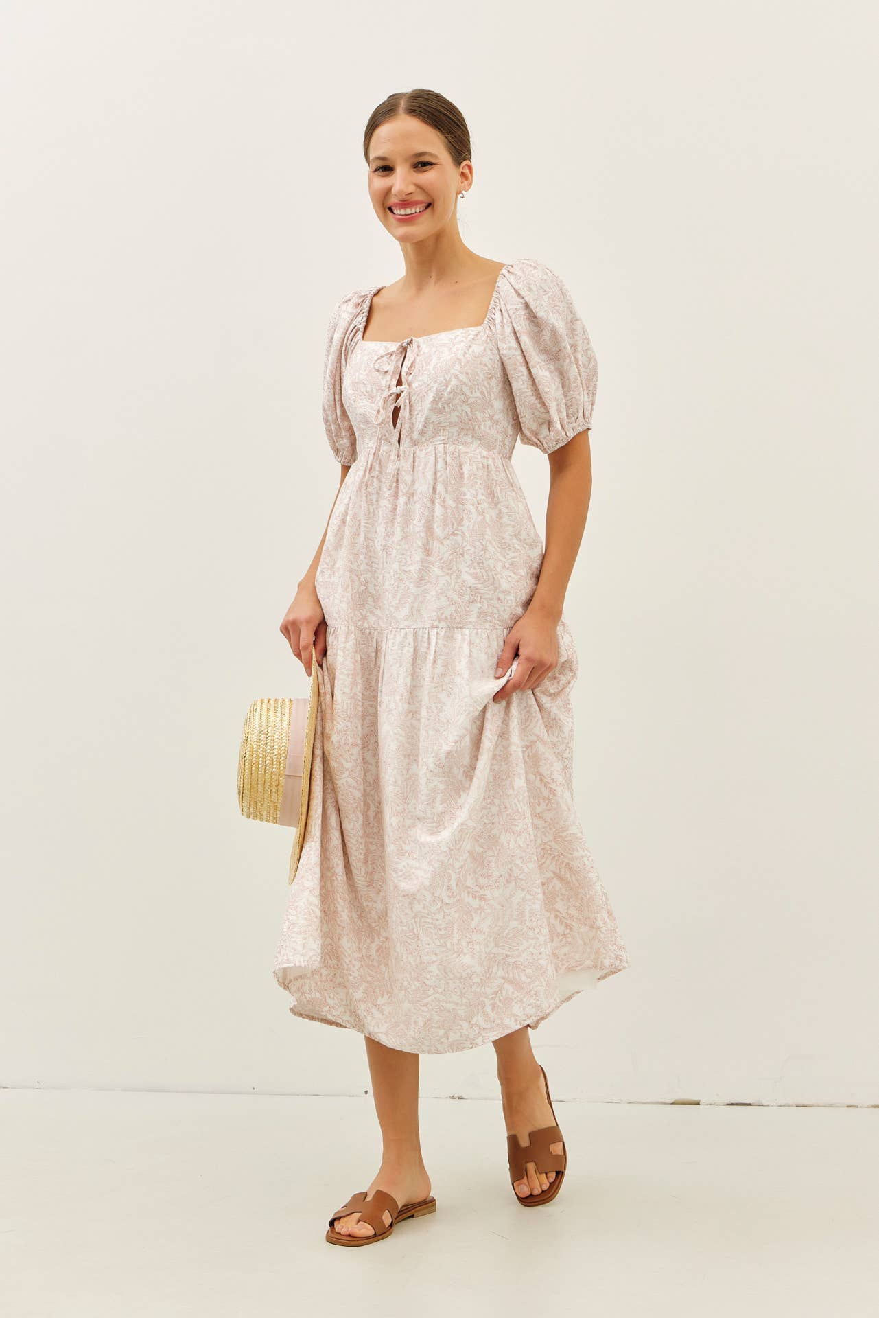 SOFT RAYON BLEND TOILE PRINT BABYDOLL MIDI DRESS
