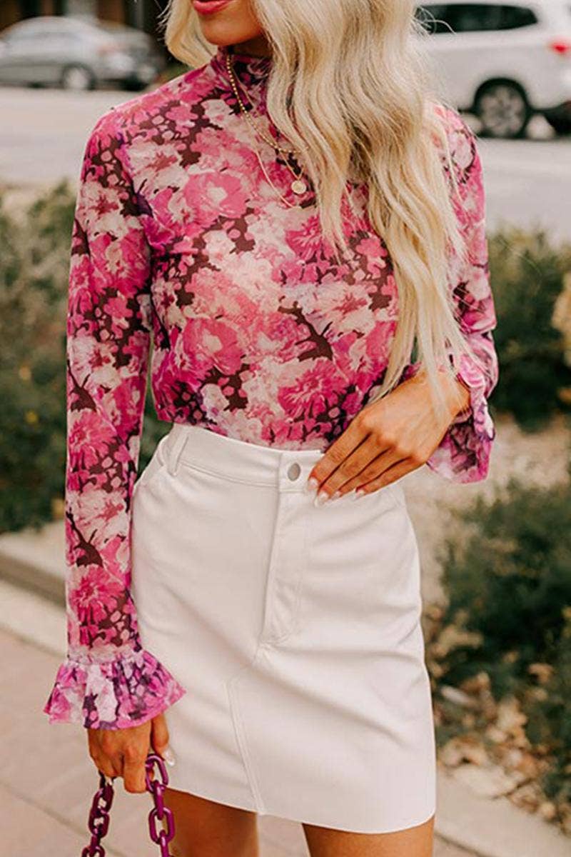 Floral Mesh Flounce Sleeve Mock Neck Blouse