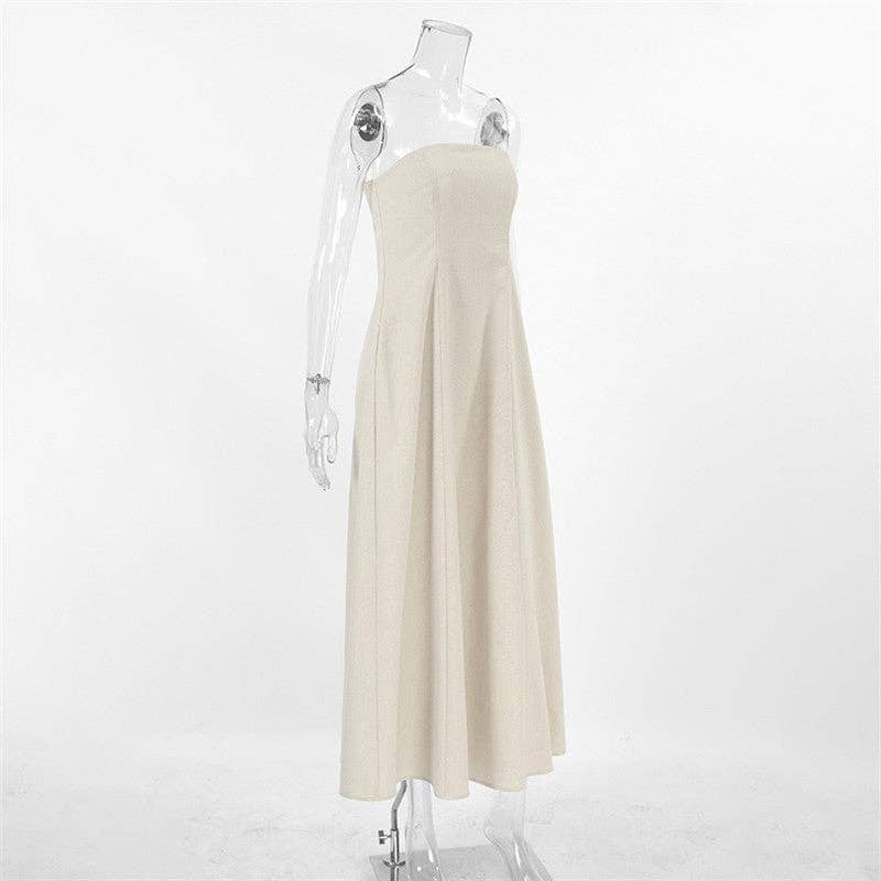 Khaki Casual Strapless Backless Maxi Dress