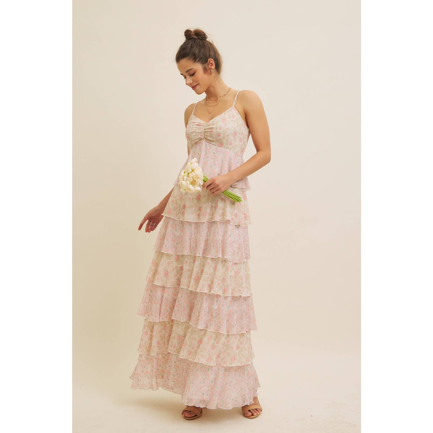 ROMANTIC FLORAL TIERED MAXI DRESS WITH RUCHED BUST