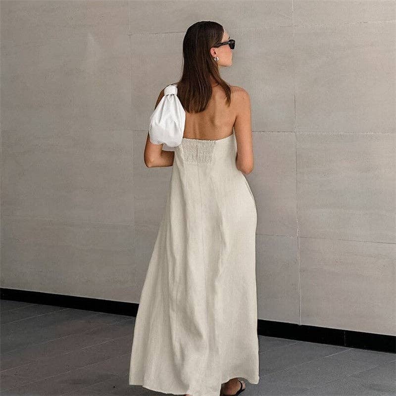 Khaki Casual Strapless Backless Maxi Dress