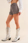 22241P - Crystal Mini Stud Washed Denim Shorts Side Slit