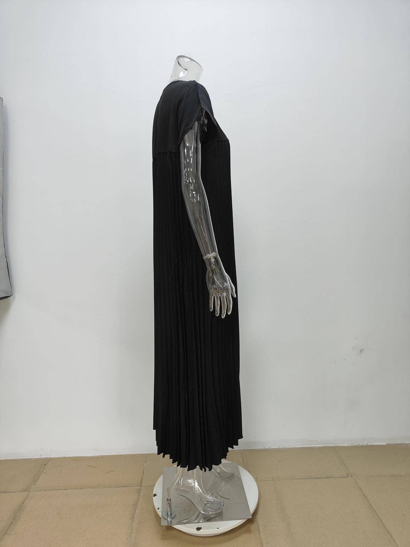 Pleated maxi flare swing dress Loose A-line tee dress