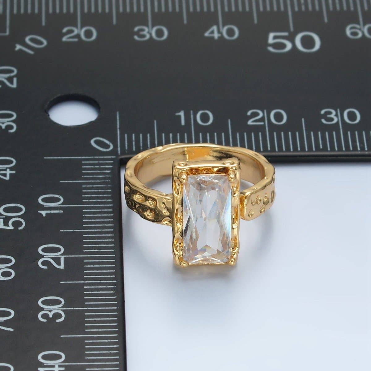 24K Gold Filled Clear CZ Baguette Hammered Wrap Band Ring | U320