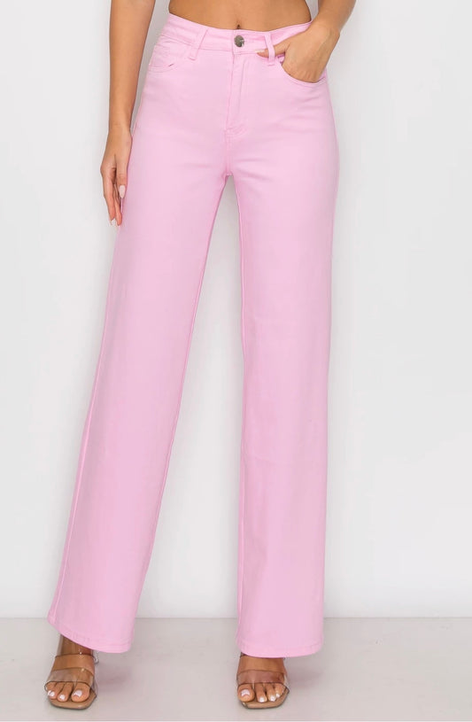 Light Pink High Waisted Super-Stretch Wide Leg Jeans