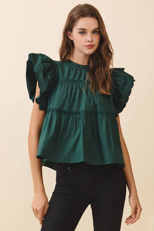 Dramatic Ruffle Sleeves Detail Tiered Poplin Top