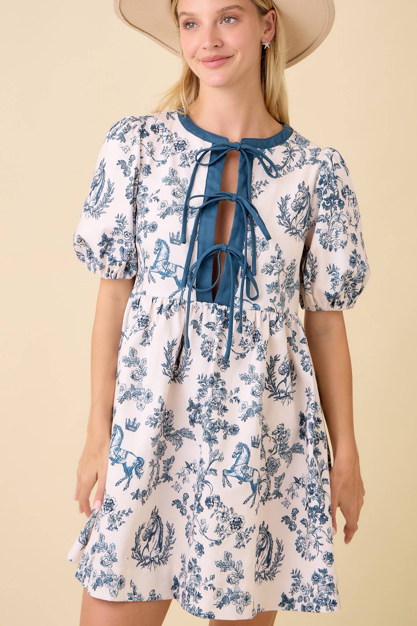 Vintage Horse Toile Print Denim Mini Dress