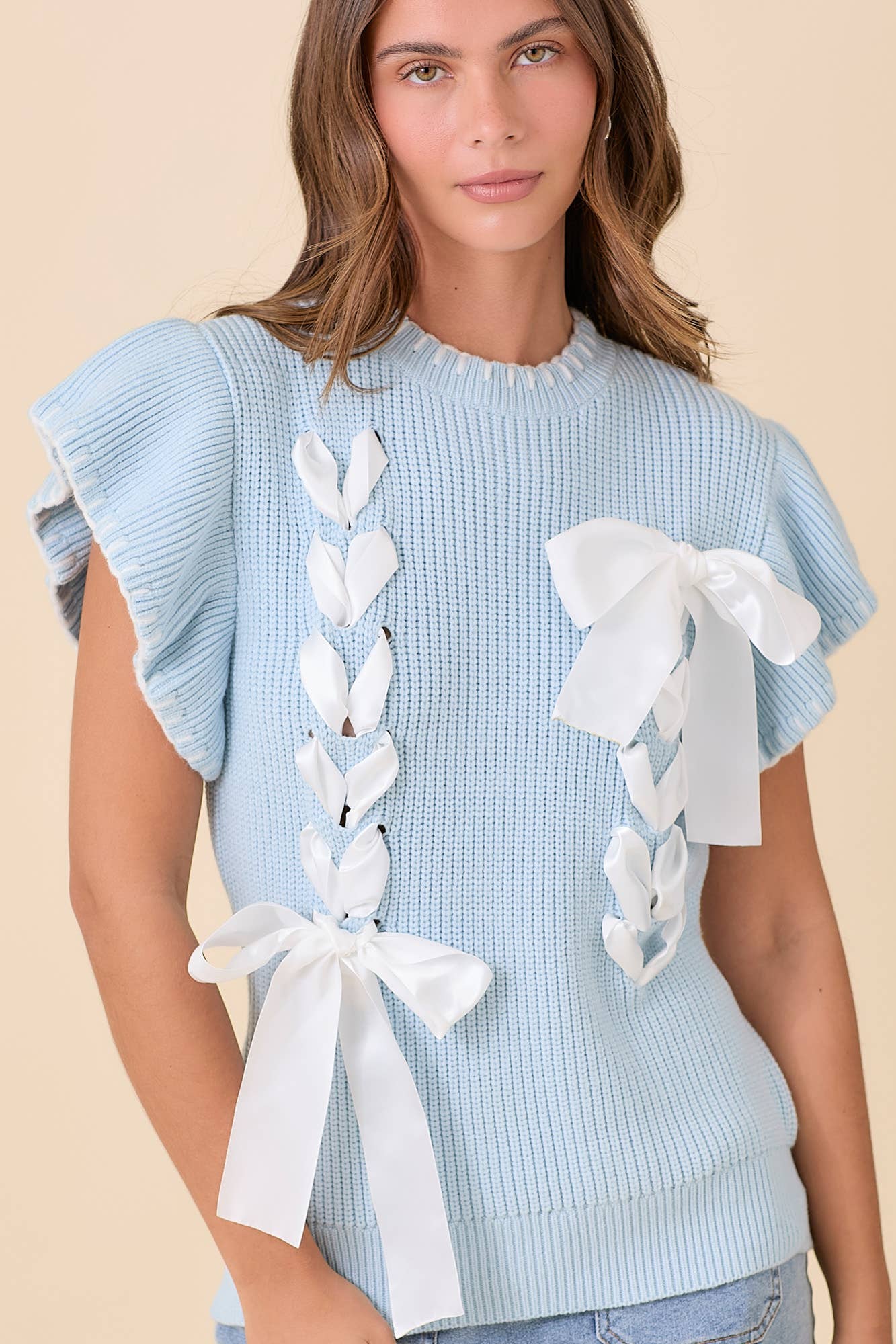 Weaved Ribbon Bow Detail Sweater Knit Top