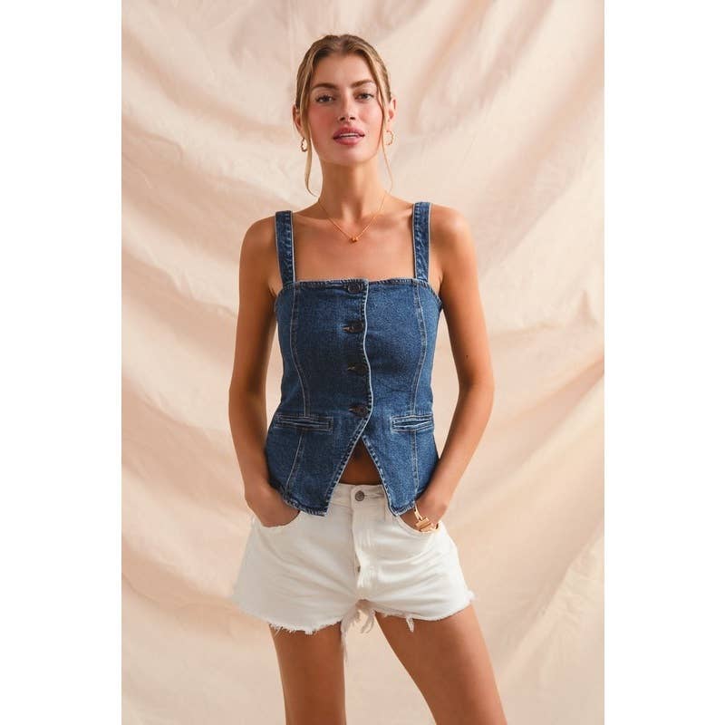 BUTTON DOWN FITTED SLEEVELESS DENIM TOP