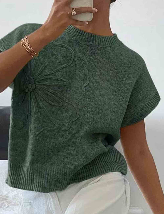 Ladies Round Neck Floral Jacquard Ribbed Knit Vest
