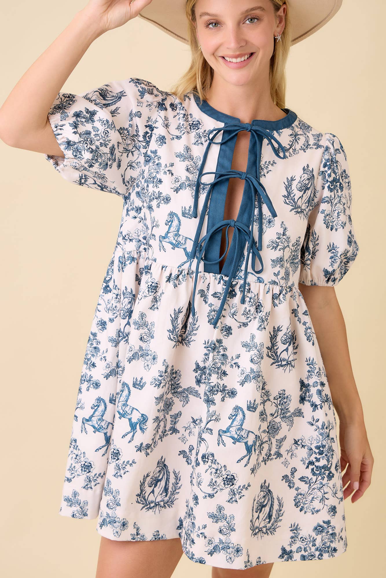 Vintage Horse Toile Print Denim Mini Dress