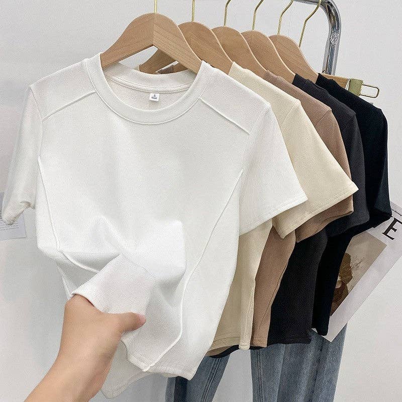 Fishbone Round Neck Slim Fit Solid Color T-Shirt