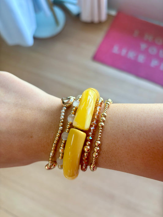 Yellow & Ivory Chunky Resin Bar Stretch Bracelet