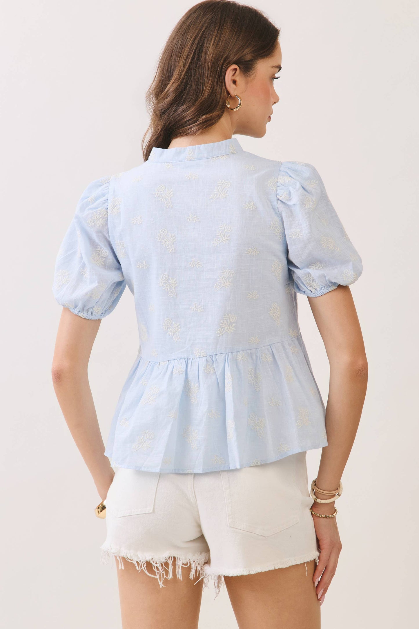 Printed Split Neck Peplum Puff Sleeve Top