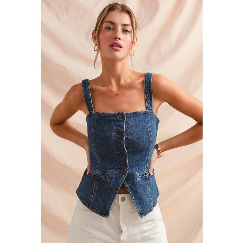 BUTTON DOWN FITTED SLEEVELESS DENIM TOP