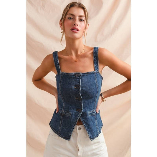 BUTTON DOWN FITTED SLEEVELESS DENIM TOP