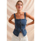 BUTTON DOWN FITTED SLEEVELESS DENIM TOP
