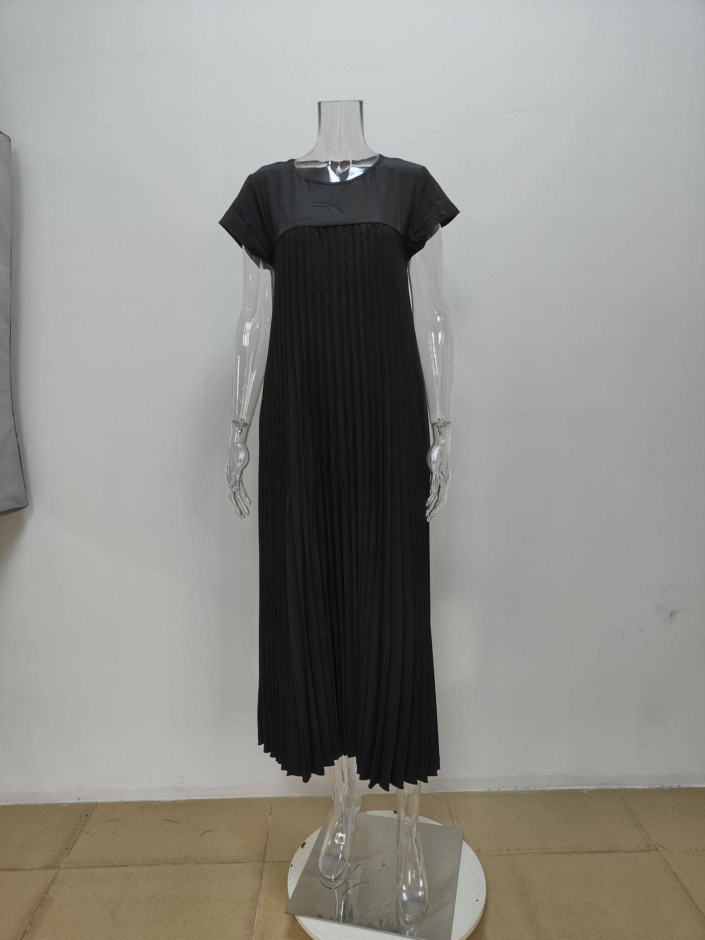 Pleated maxi flare swing dress Loose A-line tee dress