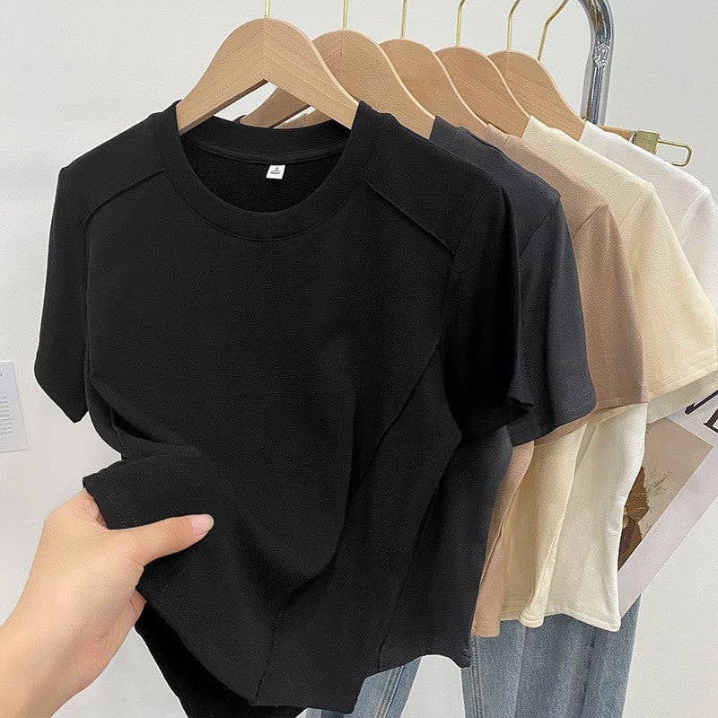 Fishbone Round Neck Slim Fit Solid Color T-Shirt