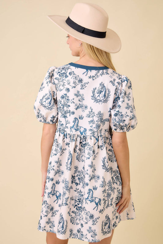 Vintage Horse Toile Print Denim Mini Dress