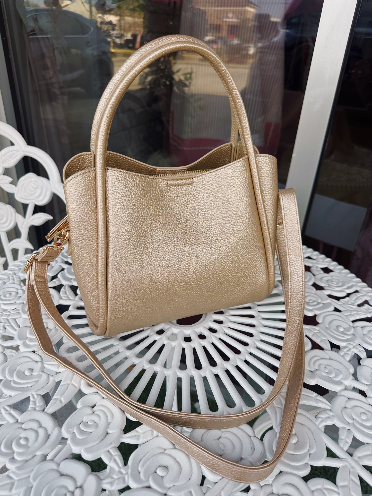 Champagne Pebbled Mini Satchel with Adjustable Strap