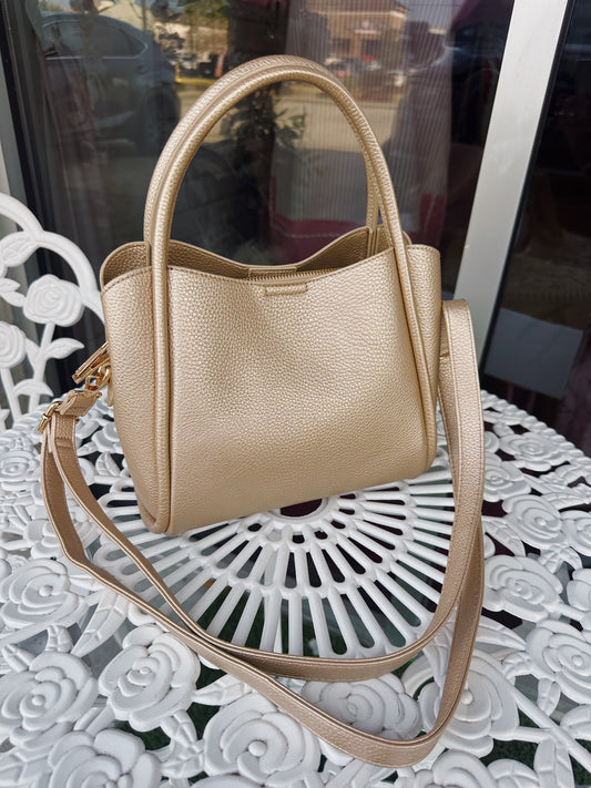 Champagne Pebbled Mini Satchel with Adjustable Strap