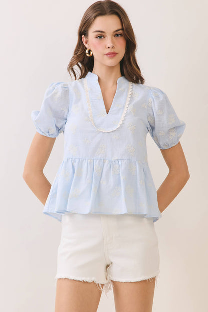 Printed Split Neck Peplum Puff Sleeve Top