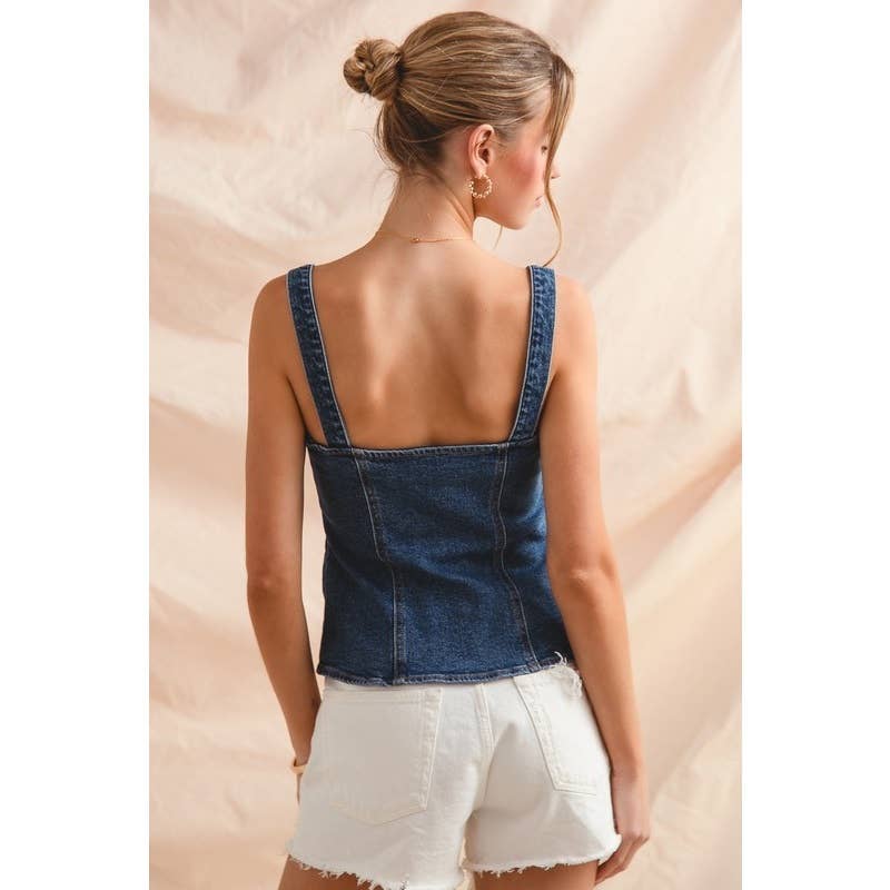 BUTTON DOWN FITTED SLEEVELESS DENIM TOP