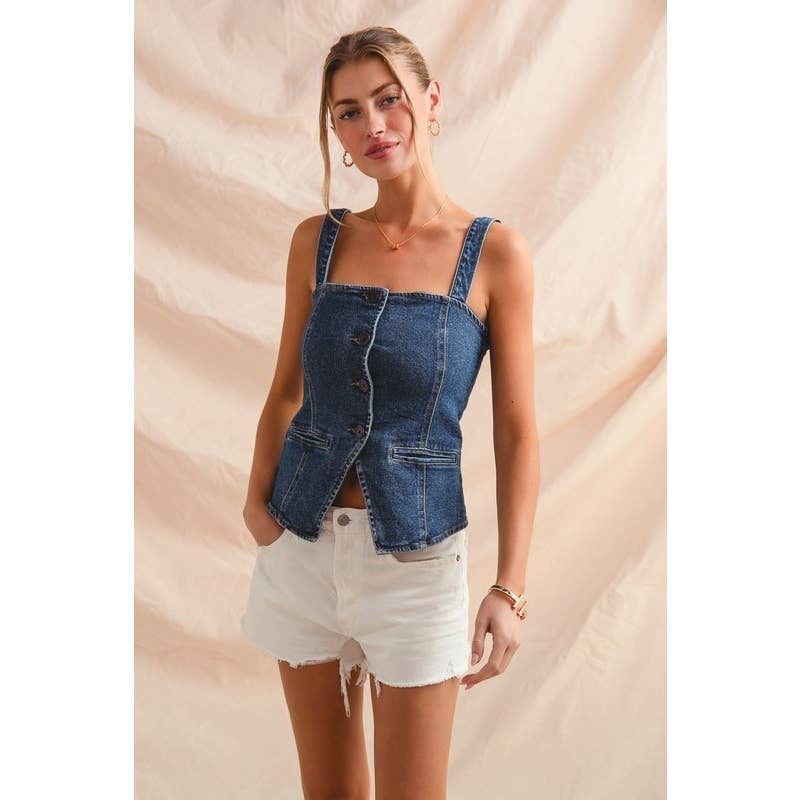 BUTTON DOWN FITTED SLEEVELESS DENIM TOP