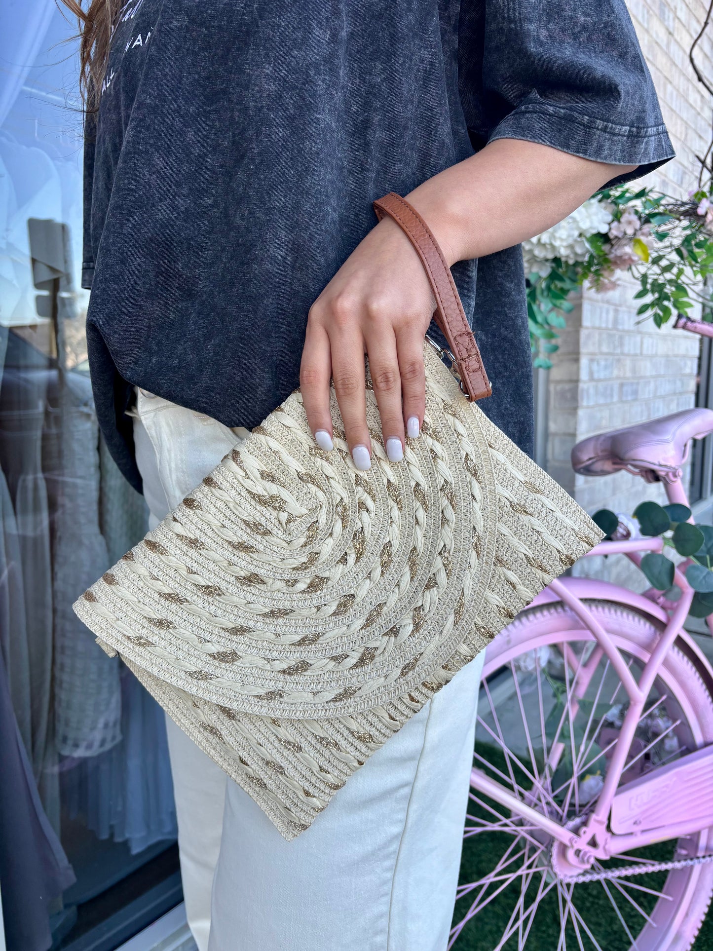 Woven Straw Clutch with Gold Thread Detail
