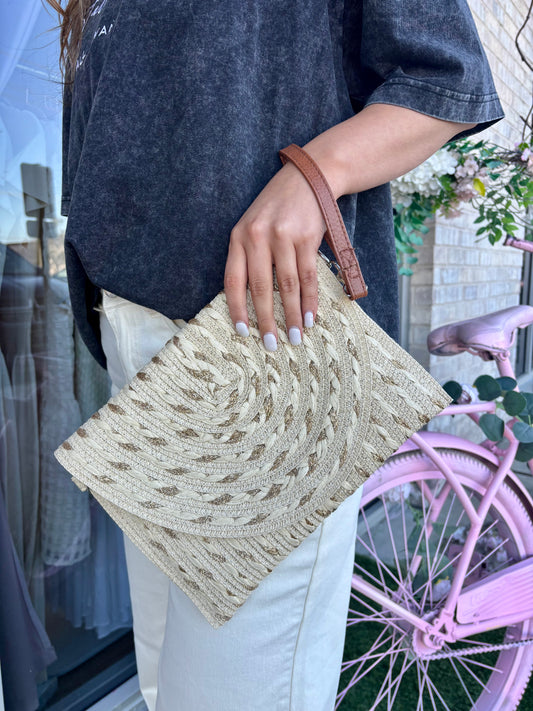 Woven Straw Clutch with Gold Thread Detail