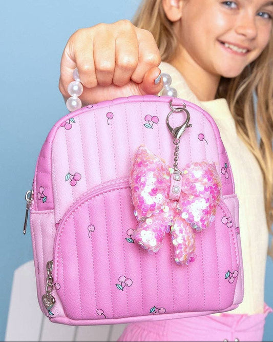Quilted Cherry Printed Micro Mini Backpack with Charm