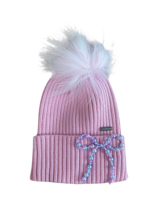 Pearl Bow on ribbed knit beanie