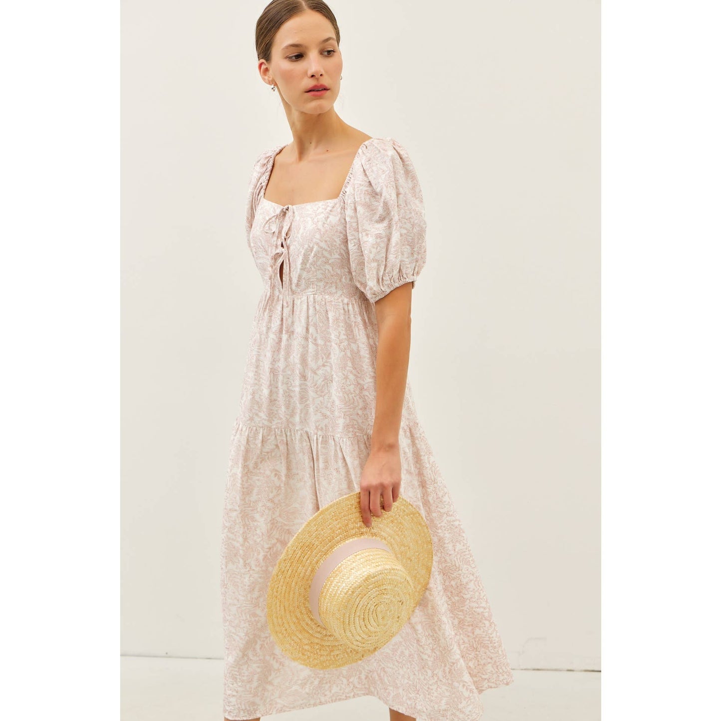 SOFT RAYON BLEND TOILE PRINT BABYDOLL MIDI DRESS