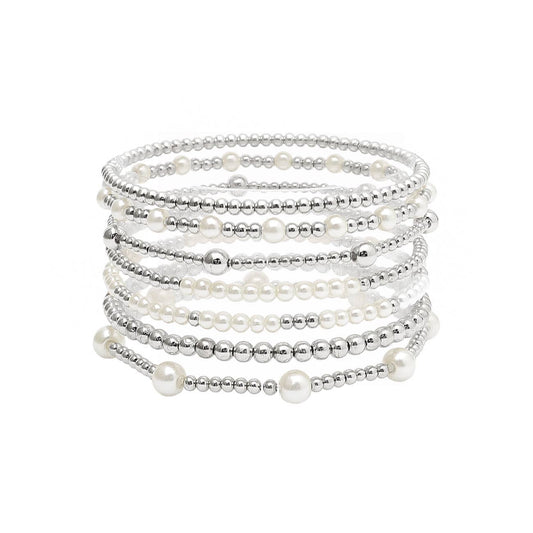 Silver Beaded & Pearl Stretch Bracelet
