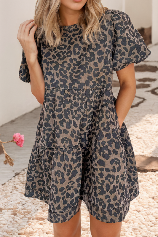 LDC Denim Leopard Printed Short Sleeve Flared Mini Dress