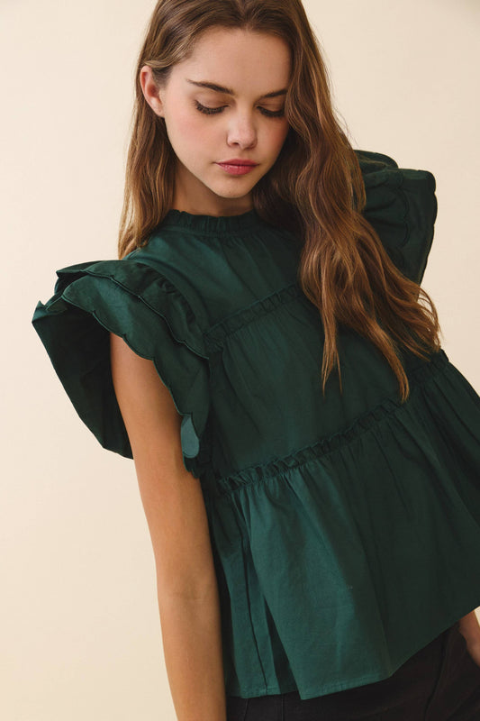 Dramatic Ruffle Sleeves Detail Tiered Poplin Top